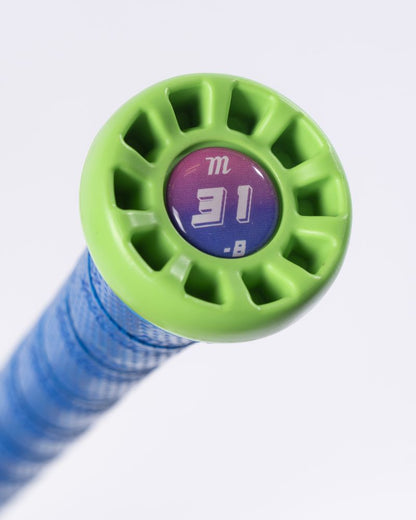 Close-up of the end of a blue Marucci 2027 RCKLESS Gen 2 Hybrid (-8) USA Baseball Bat, featuring a bright green knob and displaying the numbers 31 and -8 on a purple and pink cap. The image highlights Marucci’s innovative Ring-Free Barrel Construction for optimal performance.