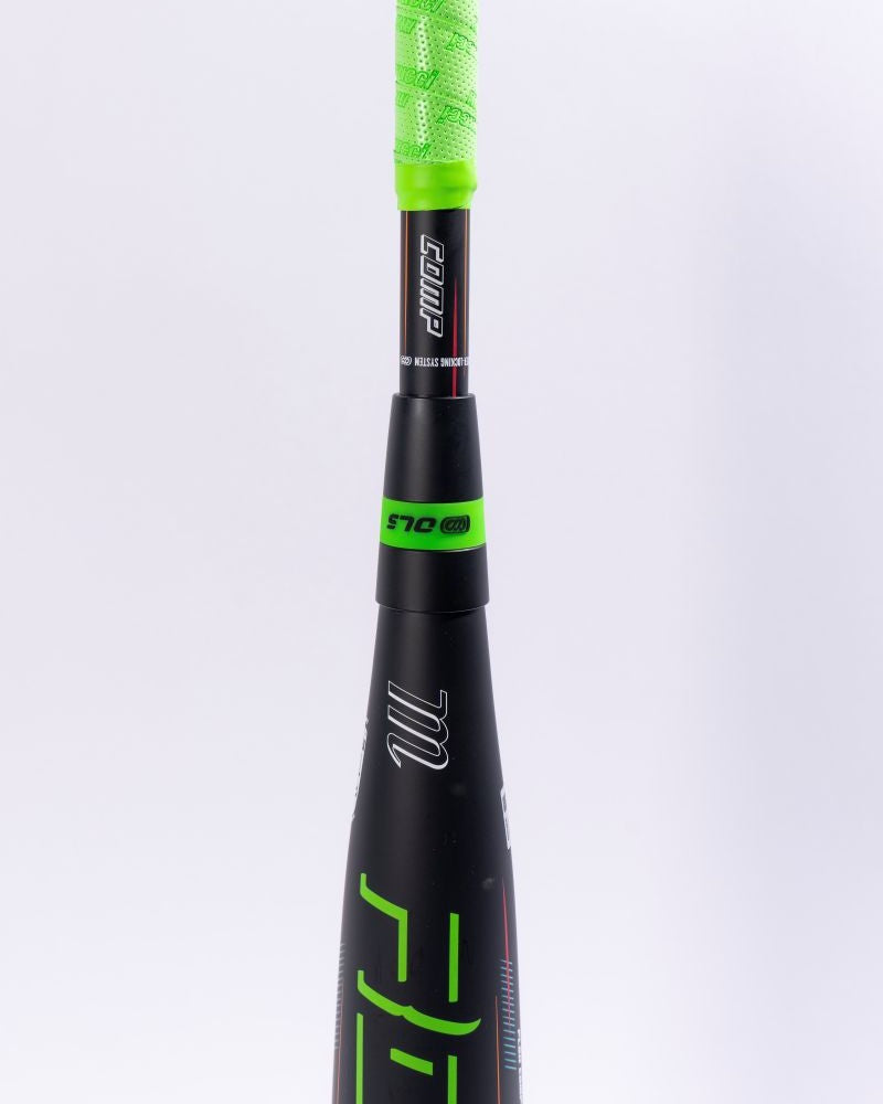 A close-up of the Marucci 2027 RCKLESS Gen 2 Composite (-5) 2 3/4″ USSSA Baseball Bat (model MSBRC25) showcases its black composite construction with neon green grip tape, white and green graphics, maximum barrel flex, and ergonomic hand taper—all set against a plain white background.