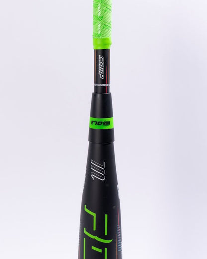 A close-up of the Marucci 2027 RCKLESS Gen 2 Composite (-5) 2 3/4″ USSSA Baseball Bat (model MSBRC25) showcases its black composite construction with neon green grip tape, white and green graphics, maximum barrel flex, and ergonomic hand taper—all set against a plain white background.