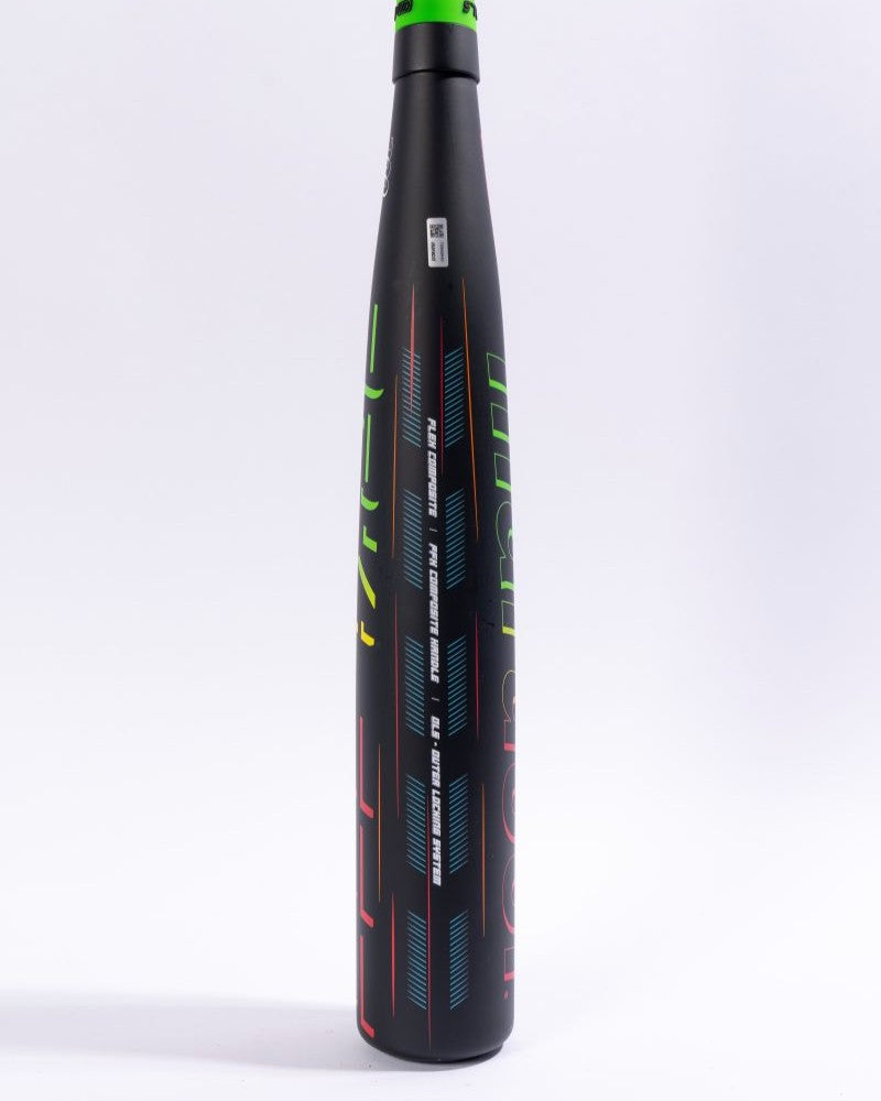 The 2027 Marucci RCKLESS Gen 2 Composite (-5) 2 3/4″ USSSA Baseball Bat (MSBRC25) by Marucci is a black composite bat with colorful, angular designs and text on the barrel. It features maximum barrel flex and an ergonomic hand taper, shown standing upright on a white background.