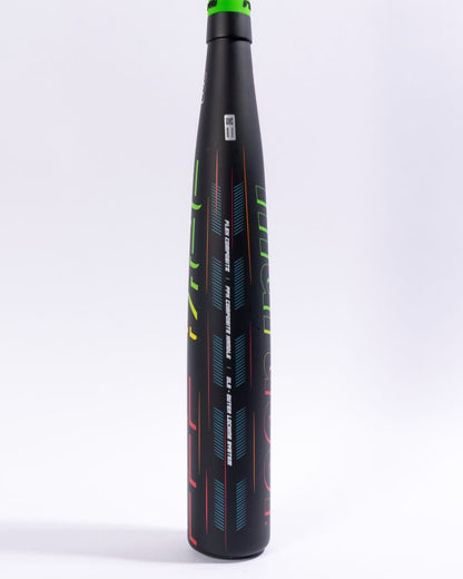 The 2027 Marucci RCKLESS Gen 2 Composite (-5) 2 3/4″ USSSA Baseball Bat (MSBRC25) by Marucci is a black composite bat with colorful, angular designs and text on the barrel. It features maximum barrel flex and an ergonomic hand taper, shown standing upright on a white background.
