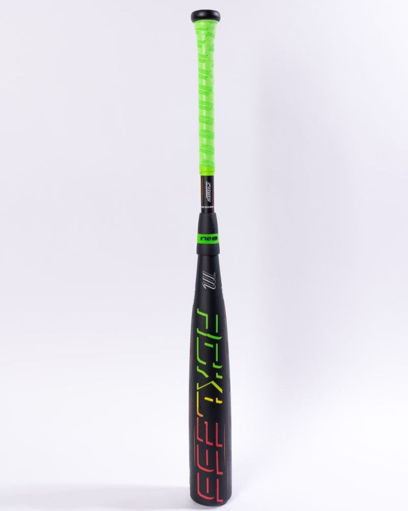 The Marucci 2027 RCKLESS Gen 2 Composite (-5) 2 3/4″ USSSA Baseball Bat (model MSBRC25), featuring a black finish with neon green grip tape and vibrant lettering, stands upright against a plain white background. Designed by Marucci with an ergonomic hand taper for enhanced comfort.