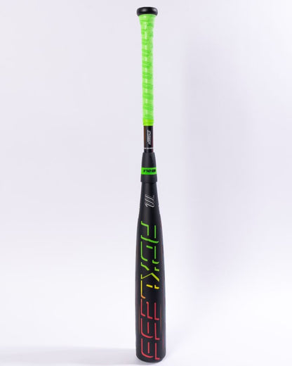 The Marucci 2027 RCKLESS Gen 2 Composite (-5) 2 3/4″ USSSA Baseball Bat (model MSBRC25), featuring a black finish with neon green grip tape and vibrant lettering, stands upright against a plain white background. Designed by Marucci with an ergonomic hand taper for enhanced comfort.