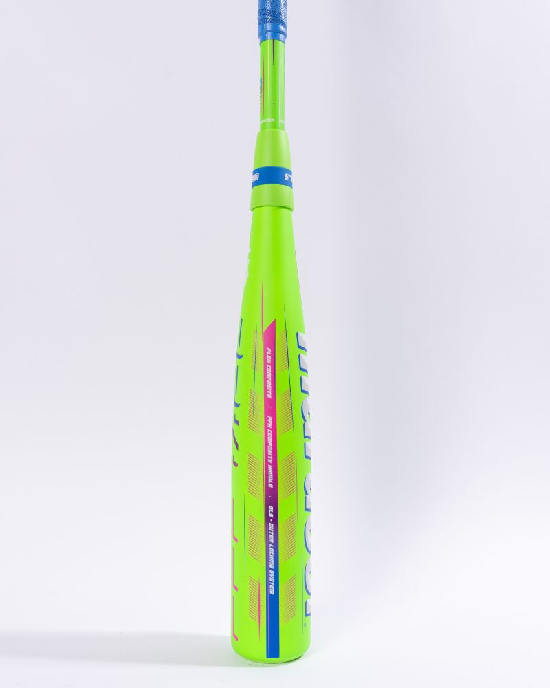 The Marucci 2027 RCKLESS Gen 2 Composite (-10) 2 5/8″ USA Baseball Bat (MSBRC210U) stands upright on a plain white background, showcasing its neon green color with blue and pink accents. Bold Marucci graphics and text are displayed along its composite barrel, which is engineered to deliver maximum barrel flex and performance.