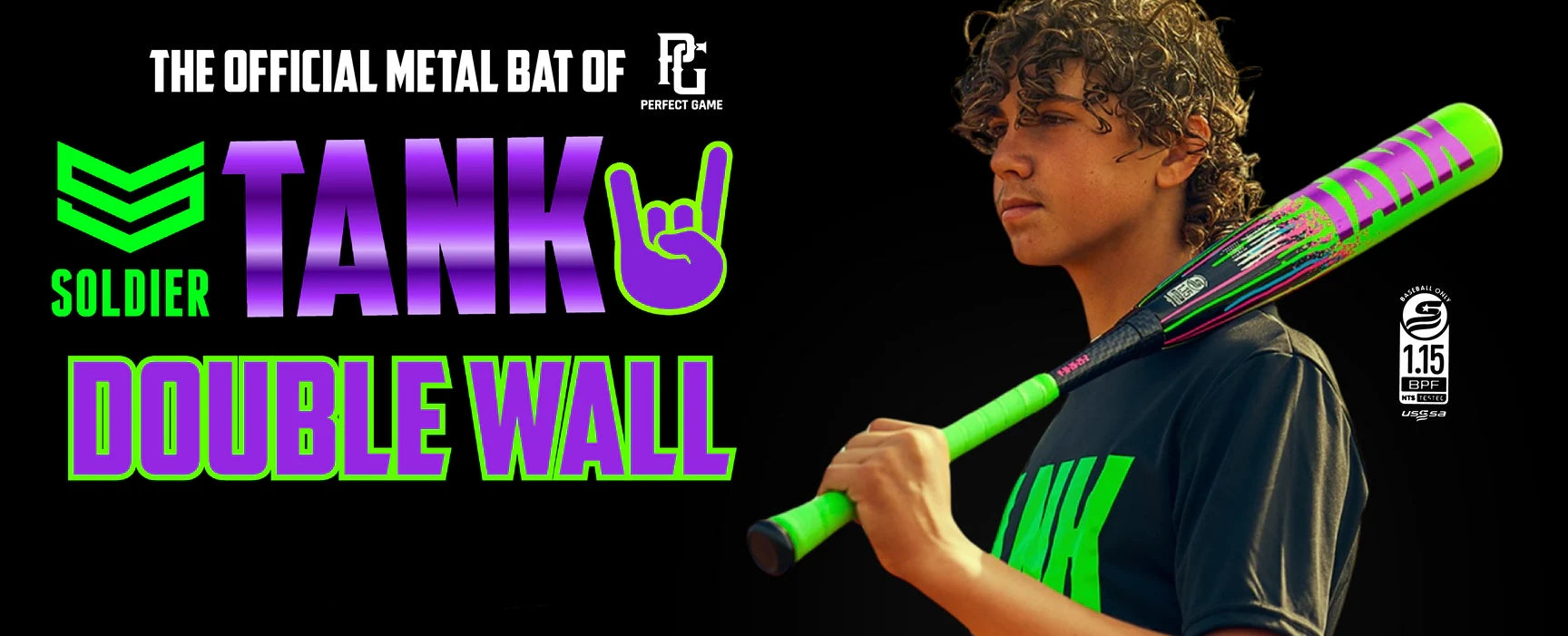 A young baseball player holds a vibrant green and purple metal bat. Text reads: The official metal bat of Perfect Game. Soldier TANK Double Wall. Bat features 1.15 BPF certification logo.