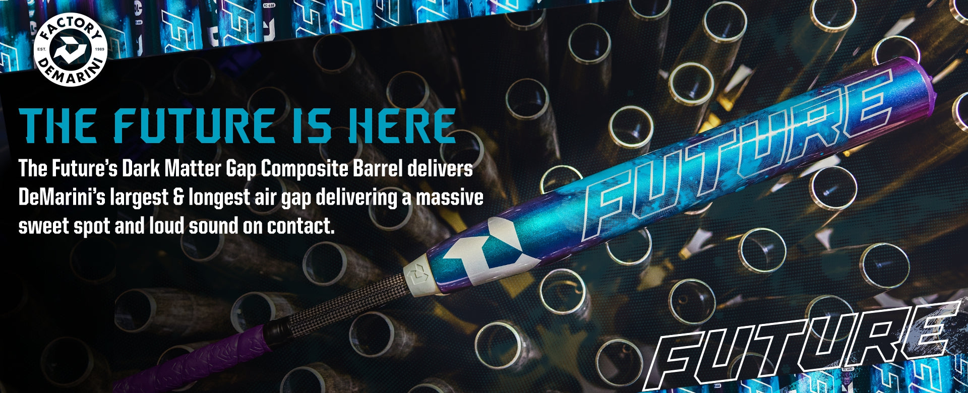 A close-up of a DeMarini baseball bat labeled FUTURE with a colorful, futuristic design, set against a vibrant background, alongside text highlighting the bat’s advanced composite barrel and enhanced performance.