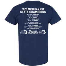 Celebrate your win with DSG Apparel’s 2026 NSA Michigan State Champion Commemorative Shirt, featuring white text, a list of age groups and teams, "Queens of Diamond," two NSA logos, and a dry fit navy blue design.