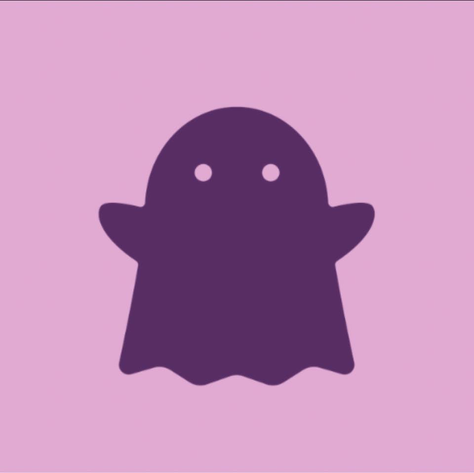 A simple, dark purple ghost icon with two round eyes on a light pink background. The ghost’s wavy edge and outstretched arms evoke the dynamic swing of the 2026 Easton Ghost Unlimited (-11) Fastpitch Softball Bat.