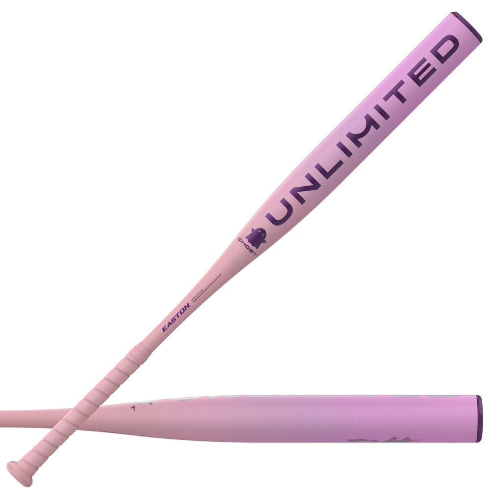 Two pink 2026 Easton Ghost Unlimited (-10) Fastpitch Softball Bats are shown—one side view, one horizontal—each displaying "UNLIMITED" in bold letters on the barrel and featuring Easton's Double Barrel EXT design.