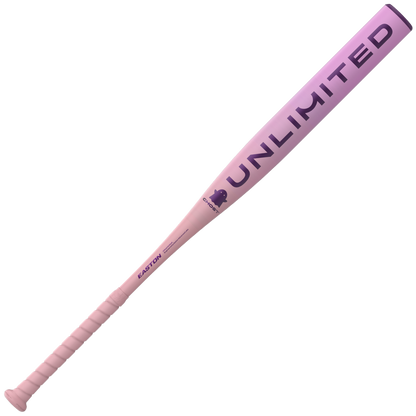 The 2026 Easton Ghost Unlimited (-10) Fastpitch Softball Bat by Easton features pink and purple colors, "UNLIMITED" in large letters on the barrel, and a small elephant graphic near the handle.