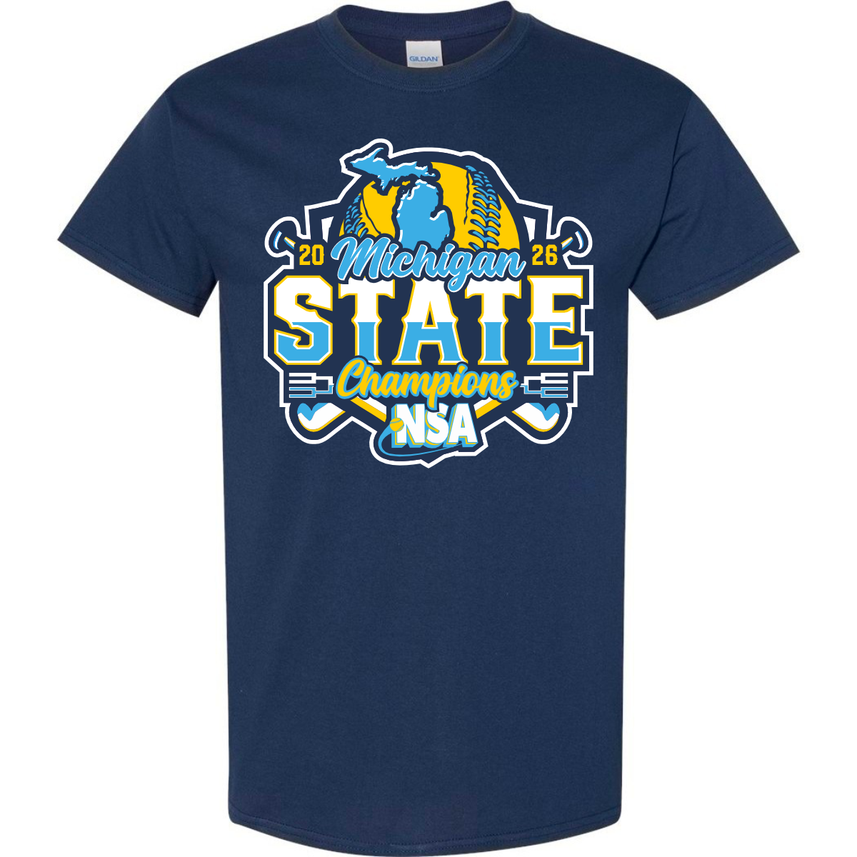 Celebrate victory with the 2026 NSA Michigan State Champion Commemorative Shirt by DSG Apparel. This navy blue tee features a colorful "Michigan State Champions NSA 2026" design and a Michigan map outline—perfect for sports fans!.