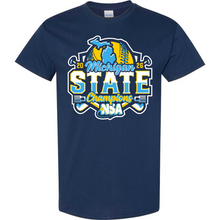 Celebrate victory with the DSG Apparel 2026 NSA Michigan State Champion Shirt in navy, featuring a yellow and blue mitten graphic and bold multi-color championship text—perfect for commemorating your team's win!.