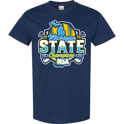 Celebrate victory with the 2026 NSA Michigan State Champion Commemorative Shirt by DSG Apparel. This navy blue tee features a colorful "Michigan State Champions NSA 2026" design and a Michigan map outline—perfect for sports fans!.