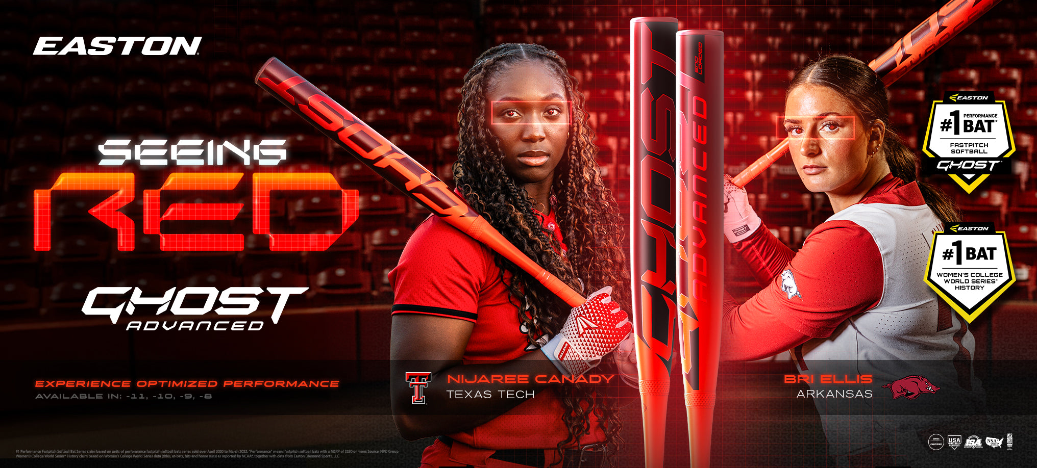 Two female softball players in red and white uniforms pose with red Easton Ghost Advanced bats in a stadium. The text promotes the Easton bat as #1 Bat in Fastpitch and highlights its availability and performance.