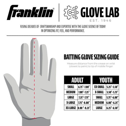 Illustration showing how to measure hand length for Franklin CFX Pro Adult Batting Gloves: 205, with size charts for adults and a graphic of a hand featuring a red measuring line from wrist crease to middle finger tip. Brand: Franklin.
