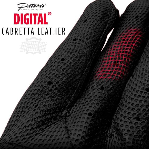 A close-up of a black perforated leather glove with a red patch on the palm. Text reads “Pittards Digital Cabretta Leather” with a faint leather texture graphic in the background.