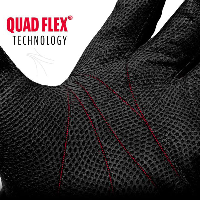 A close-up of a black textured glove featuring red stitched lines on the palm, with the text QUAD FLEX TECHNOLOGY in the top left corner.