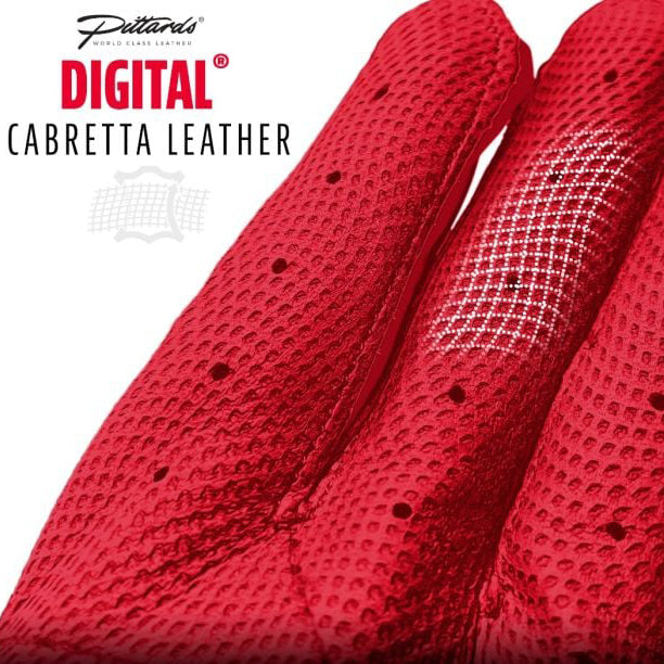 Close-up of red textured cabretta leather gloves, with the text Pittards Digital Cabretta Leather in the top left corner and a subtle digital pattern on the leather.