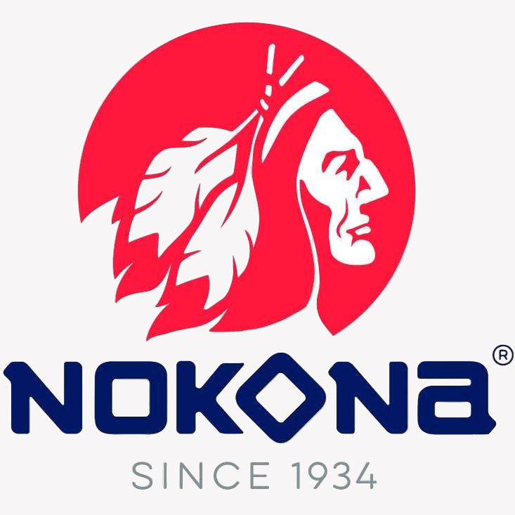 Nokona logo with a red circle and white face design on a white background