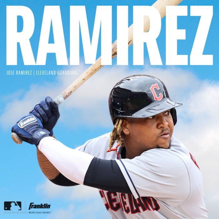 Baseball player in a Cleveland Guardians uniform prepares to swing a bat wearing Franklin CFX Pro Adult Batting Gloves by Franklin, with RAMIREZ above and a blue sky in the background. Text below reads Jose Ramirez | Cleveland Guardians.