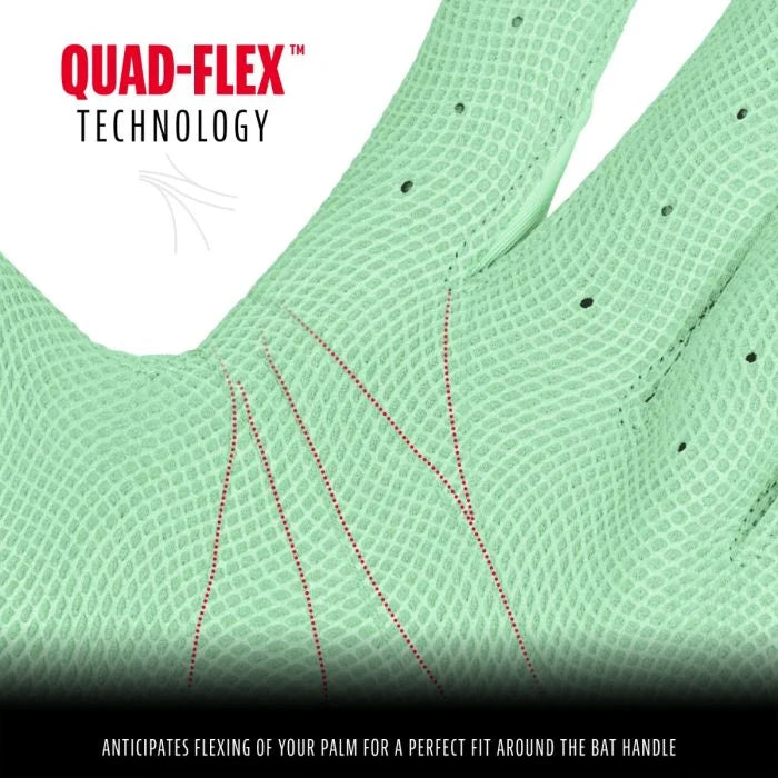 Close-up of the mint green Franklin CFX Pro Adult Batting Glove with red stitching, premium digital cabretta leather, ventilation holes, and QUAD-FLEX Tech. Caption: Anticipates palm flex for a perfect fit around the bat handle.