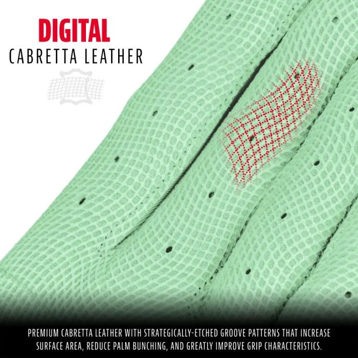 Close-up of light green, textured digital cabretta leather with tiny holes and highlighted red etched grooves. The advanced leather in Franklin CFX Pro Adult Batting Gloves: 205 enhances grip and minimizes bunching.