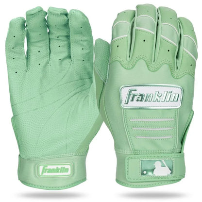 The Franklin CFX Pro Adult Batting Gloves: 205 in mint green feature white accents, ventilation holes, digital cabretta leather, and the MLB logo on the wrist strap. Shown palm up and palm down.