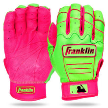 Two Franklin CFX Pro Adult Batting Gloves are shown: one features a bright pink digital cabretta leather palm, while the other has a neon green back with pink accents and "Franklin" across the knuckles.