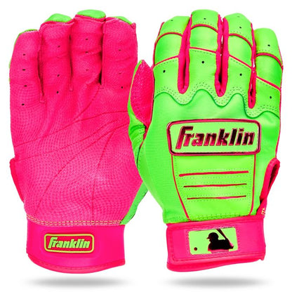 Two Franklin CFX Pro Adult Batting Gloves are shown: one features a bright pink digital cabretta leather palm, while the other has a neon green back with pink accents and "Franklin" across the knuckles.