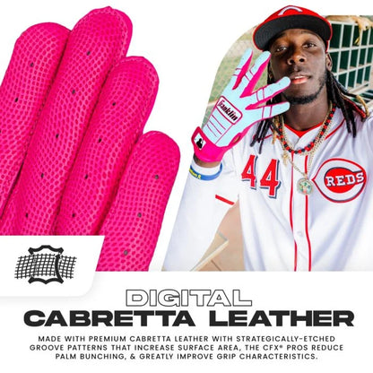 A Cincinnati Reds player wears Franklin CFX Pro Adult Batting Gloves: 205, featuring bright pink digital cabretta leather. A close-up highlights the textured surface, while text showcases the superior grip and high-quality material.