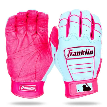 Two Franklin CFX Pro Adult Batting Gloves (205) are shown: the palm side has pink digital cabretta leather with textured grip, while the back is light blue and pink with the Franklin logo and an MLB logo by the wrist.
