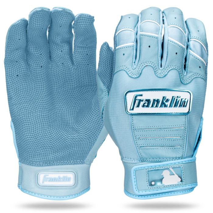 Franklin CFX Pro Adult Batting Gloves 205 feature light blue mesh palms, digital cabretta leather for better grip, and Franklin branding on the back of each hand.