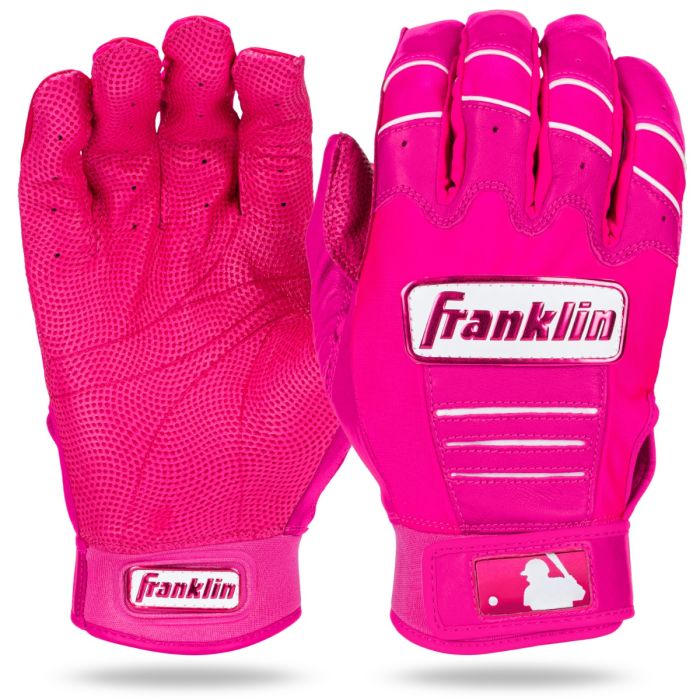 A pair of bright pink Franklin CFX Pro Adult Batting Gloves (205), featuring white logo patches and MLB wrist branding. Made by Franklin from premium digital cabretta leather for superior grip and comfort.