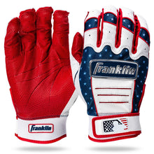 Franklin CFX Pro Fourth of July Limited Edition Youth Batting Gloves (21601) by Franklin feature one solid red glove and one blue glove with white stars, red accents, American flag details, and the MLB logo on premium sheepskin leather.