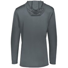 The DSG Apparel NSA Softball Season Momentum Lightweight Hoodie is a plain, long-sleeve, gray moisture-wicking shirt shown from the back on a white background—simple design with no visible logos or patterns, ideal for active comfort.