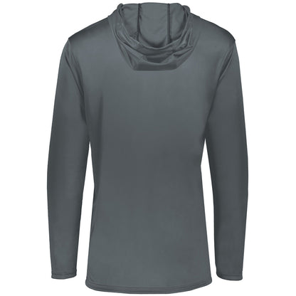 The DSG Apparel NSA Softball Season Momentum Lightweight Hoodie is a plain, long-sleeve, gray moisture-wicking shirt shown from the back on a white background—simple design with no visible logos or patterns, ideal for active comfort.