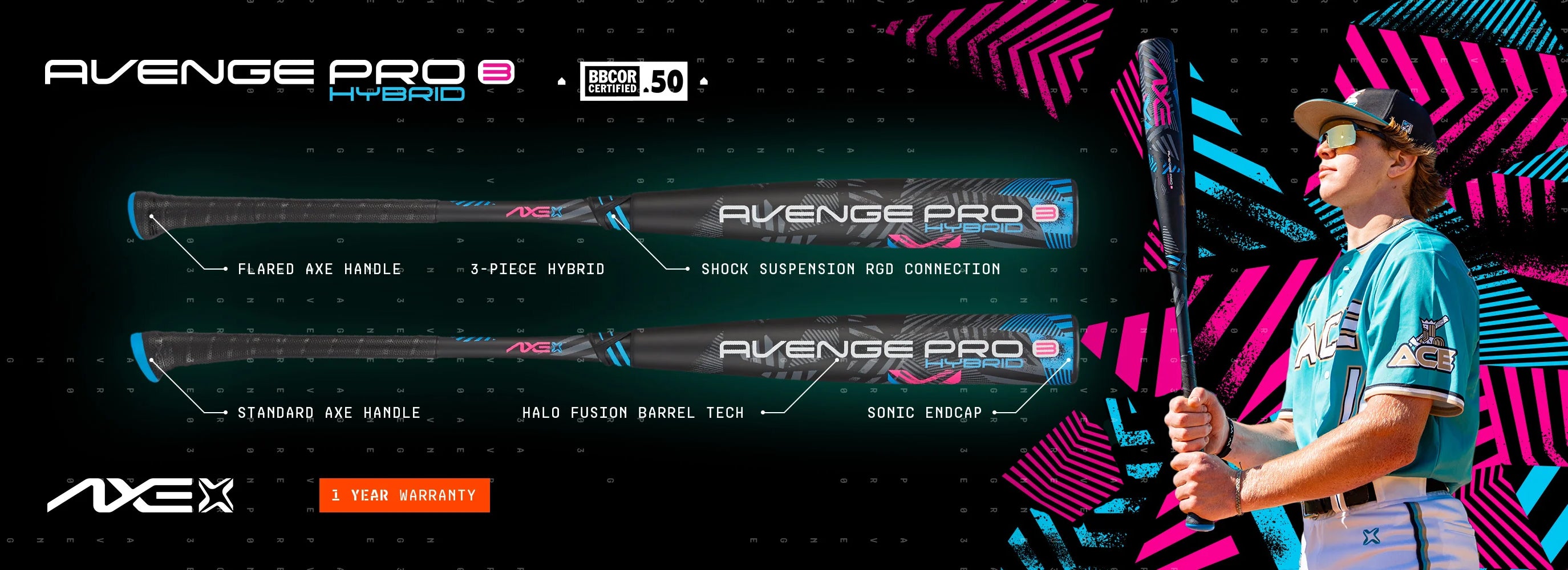 Promotional banner for the Axe Avenge Pro Hybrid baseball bat, featuring two bats with labeled features and a baseball player in a teal uniform holding a bat, with colorful graphic elements in the background.