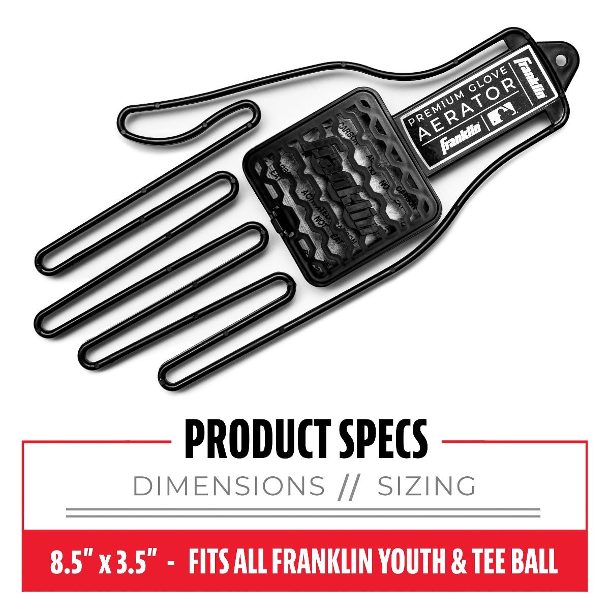 A black metal Franklin MLB Glove Aerator: 2357, hand-shaped, 8.5 x 3.5 in—fits all Franklin youth & tee ball gloves. Designed for moisture and odor control.