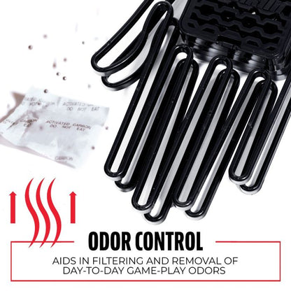 The Franklin MLB Glove Aerator: 2357 by Franklin includes a black glove aerator and white activated carbon packet with red wavy lines, providing odor control by filtering daily odors and helping manage moisture.