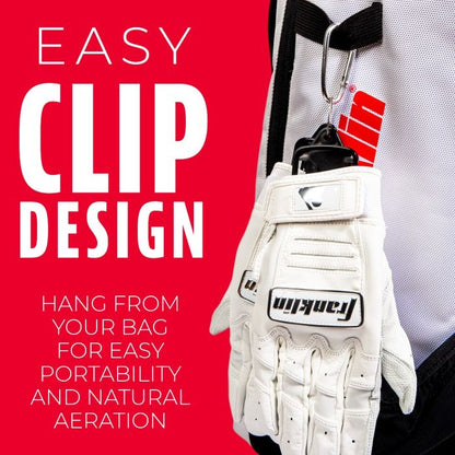 A pair of Franklin MLB Glove Aerator: 2357 white sports gloves hangs from a black clip on a white and black bag. Large text reads: Easy Clip Design. Smaller text: Hang on your bag for portability and glove aerator moisture control.