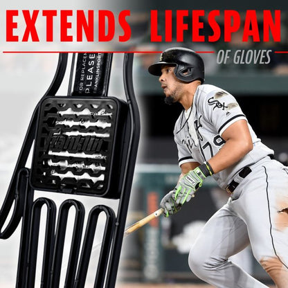 A baseball player swings a bat as the Franklin MLB Glove Aerator: 2357 by Franklin is shown close-up. Bold red text at the top reads, EXTENDS LIFESPAN, with smaller text noting moisture control for gloves.