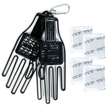 The Franklin MLB Glove Aerator: 2357 by Franklin includes two black glove-shaped plastic aerators with a carabiner and four white activated carbon packets labeled DO NOT EAT, providing effective odor control for your space.