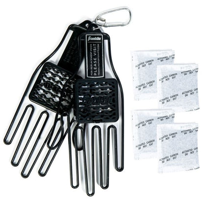 The Franklin MLB Glove Aerator: 2357 by Franklin includes two black glove-shaped plastic aerators with a carabiner and four white activated carbon packets labeled DO NOT EAT, providing effective odor control for your space.