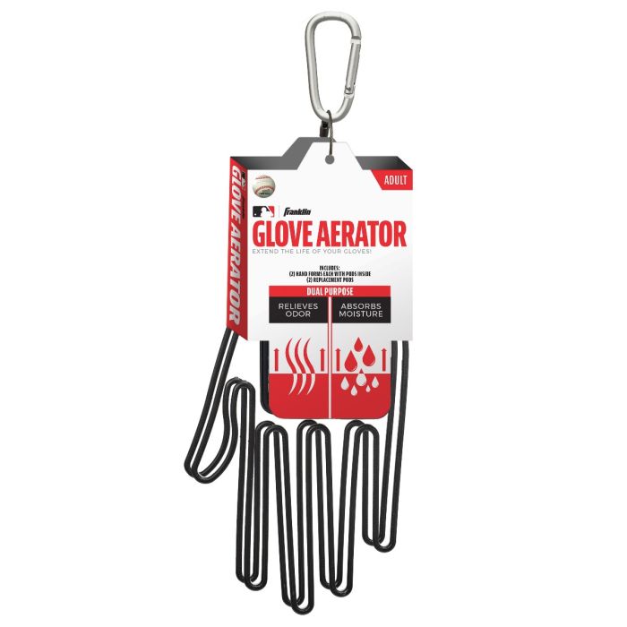The Franklin MLB Glove Aerator: 2357 is a metal, glove-shaped tool with a carabiner for superior odor control and moisture absorption in work gloves; it comes in red and white packaging featuring icons and text.