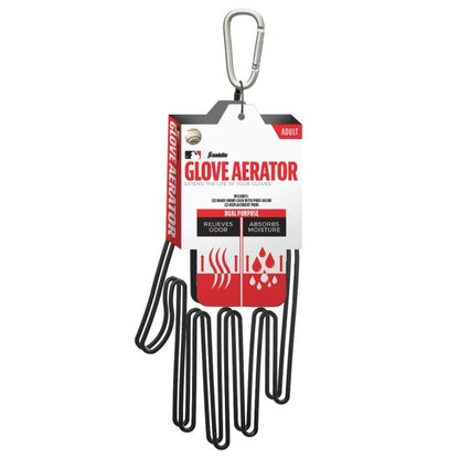 The Franklin MLB Glove Aerator: 2357 is a metal, glove-shaped tool with a carabiner for superior odor control and moisture absorption in work gloves; it comes in red and white packaging featuring icons and text.