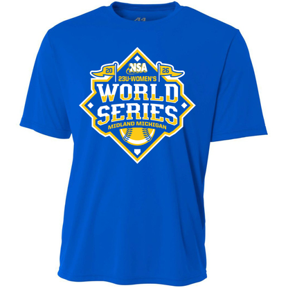 DSG Apparel’s 2026 NSA 23u World Series Fastpitch Tournament Shirt features a bold white and yellow “23U Women’s World Series Midland Michigan” graphic with “2026” on each side and a small softball illustration below.