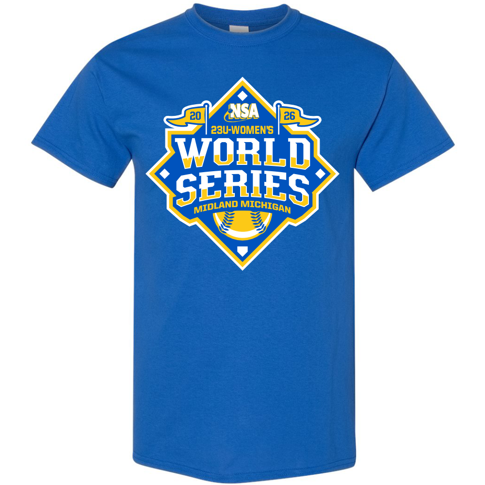 The DSG Apparel 2026 NSA 23u World Series Fastpitch Tournament Shirt is a blue Dry Fit tee with a yellow and white graphic, softball imagery, and "Midland Michigan"—the perfect shirt for the NSA Fastpitch Tournament.