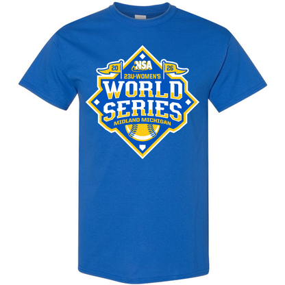 The DSG Apparel 2026 NSA 23u World Series Fastpitch Tournament Shirt is a blue Dry Fit tee with a yellow and white graphic, softball imagery, and "Midland Michigan"—the perfect shirt for the NSA Fastpitch Tournament.