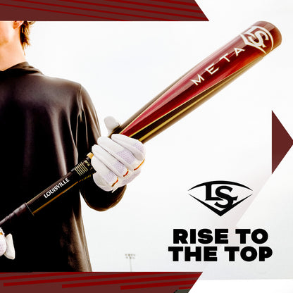 A person in a black shirt and white gloves holds a red 2025 Louisville Slugger Meta (-3) BBCOR Baseball Bat (USED). The bold “LS” logo and “Rise to the Top” appear at the bottom right.
