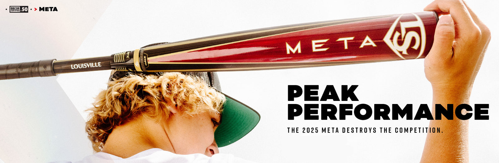 A person in a white shirt and baseball cap holds a red and black Louisville Slugger Meta bat over their shoulder. Bold text reads Peak Performance. The 2025 Meta destroys the competition.